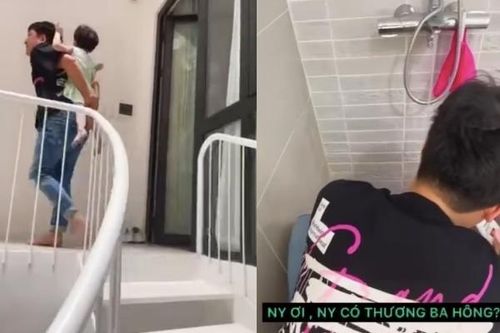 Con gái Trường Giang quấn bố, được "cưng như trứng mỏng". Nam danh hài cũng trổ tài là "bố bỉm sữa" chính hiệu khi nhận phần tắm cho con.