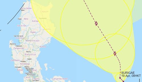  Cơ quan khí tượng Hong Kong nhận định khu vực đông bắc đảo Luzon nằm trong vùng ảnh hưởng của hoàn lưu phía tây siêu bão Surigae. Ảnh: HKO. 