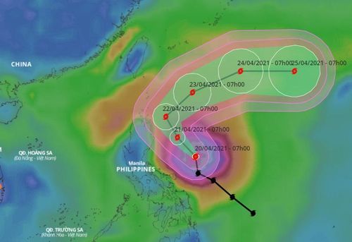Dự báo đường đi của bão Surigae cho thấy vùng ảnh hưởng của hoàn lưu bão trên đất liền được thu hẹp. Ảnh: VNDMS.