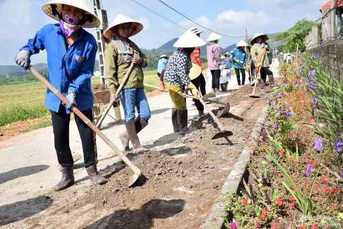 Người dân xã Sơn Thành (Yên Thành) chăm sóc đường hoa NTM. Ảnh: Xuân Hoàng