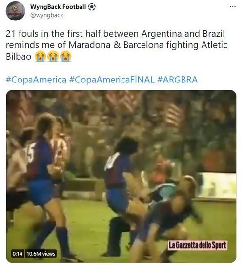 "21 tình huống phạm lỗi trong hiệp 1 giữa Argentina và Brazil khiến tôi nhớ tới màn ẩu đả của Maradona và Barcelona với Athletic Bilbao"