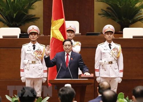 Thủ tướng Phạm Minh Chính tuyên thệ trước Quốc hội, đồng bào và cử tri cả nước. (Ảnh: Trọng Đức/TTXVN)