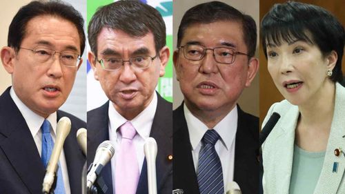  Từ trái sang, ông Fumio Kishida, ông Taro Kono, ông Shigeru Ishiba và bà Sanae Takaichi. Ảnh: Nikkei. 