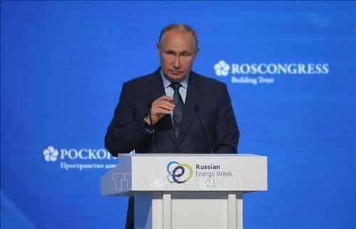 Tổng thống Nga Vladimir Putin phát biểu tại Diễn đàn quốc tế về tuần lễ Năng lượng ở Moskva, ngày 13/10/2021. Ảnh: AFP/TTXVN
