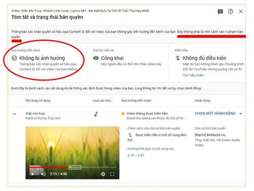 Thông báo từ Youtube được gửi theo cơ chế tự động và hoàn toàn không ảnh hưởng tới sự tồn tại của sản phẩm "Giấc mơ trưa" được nhạc sĩ Giáng Son đăng tải. Nhạc sĩ hoàn toàn có thể kháng cáo lại thông báo từ nền tảng. Ảnh: BH Media