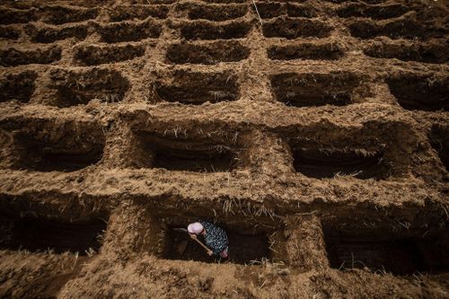 Người dân đào mộ chôn bệnh nhân Covid-19 tại Jakarta, Indonesia. Ảnh: AFP.