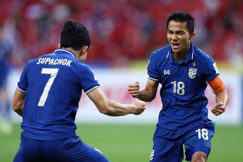 S.Chanathip và S.Supachok đều ghi bàn ở trận Thái Lan thắng Indonesia 4-0, tại lượt đi chung kết AFF Cup 2020.Ảnh: Getty