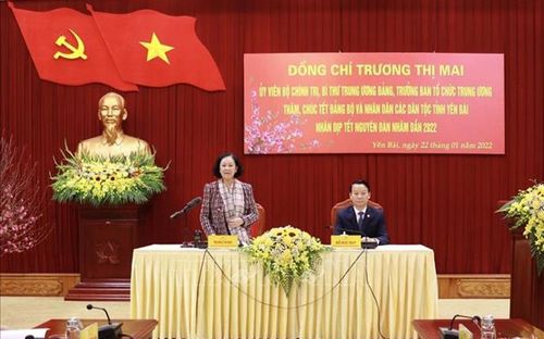 Đồng chí Trương Thị Mai, Ủy viên Bộ Chính trị, Bí thư Trung ương Đảng, Trưởng ban Tổ chức Trung ương phát biểu tại buổi gặp mặt chúc Tết Đảng bộ, chính quyền tỉnh Yên Bái. Ảnh: Tuấn Anh/ TTXVN