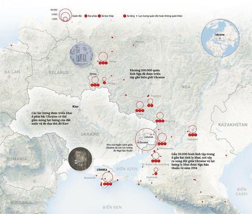 Nga đang triển khai lực lượng quân đội tới biên giới và bao vây Ukraine từ ba phía. Trong ảnh là bản đồ thể hiện các vị trí triển khai chiến lược hiện tại của Nga. Ảnh: New York Times.