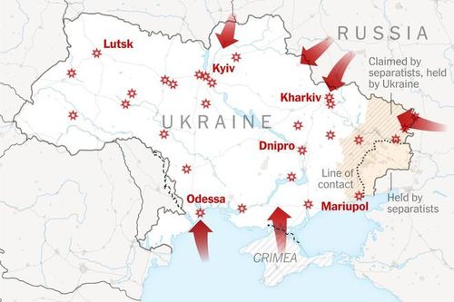 Nga tấn công Ukraine từ hướng Biển Đen, Crimea lên (phía nam), từ lãnh thổ Nga sang (phía đông) và từ Belarus xuống (phía bắc-đông bắc)