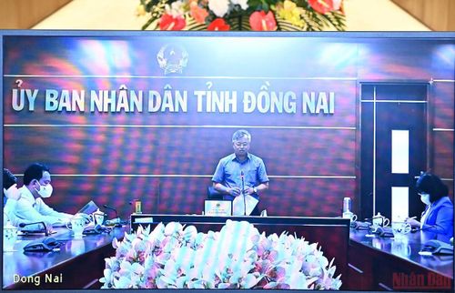  Đại diện tỉnh Đồng Nai phát biểu báo cáo trực tuyến tại buổi làm việc. (Ảnh: Duy Linh)