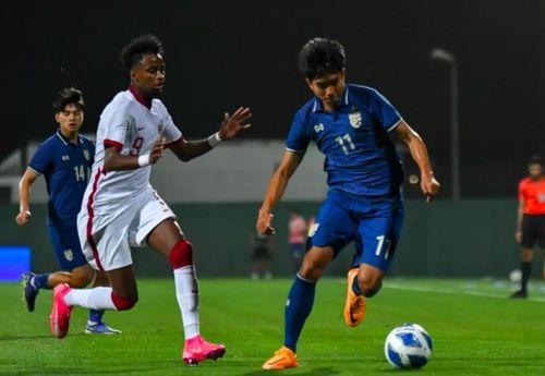 U23 Thái Lan (áo xanh) để thua U23 Qatar 0-1 trận ra quân Dubai Cup 2022