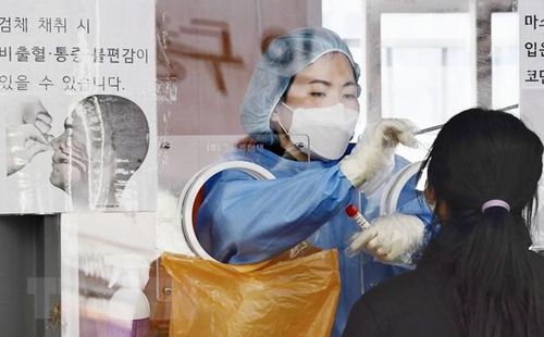 Nhân viên y tế lấy mẫu xét nghiệm COVID-19 cho người dân tại Seoul, Hàn Quốc ngày 26/1/2022. (Ảnh: Kyodo/TTXVN)