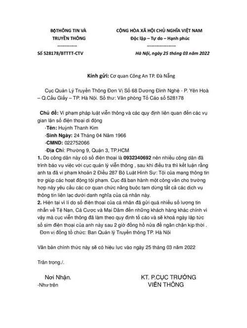 Văn bản giả mạo hù dọa anh K.