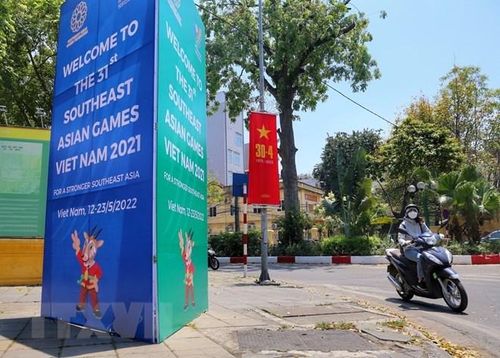  Pano tuyên truyền SEA Games 31 tại phố Điện Biên Phủ. (Ảnh: Tuấn Đức/TTXVN) 