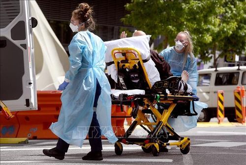 Nhân viên y tế chuyển bệnh nhân COVID-19 tại bệnh viện ở Melbourne, Australia. Ảnh: AFP/TTXVN