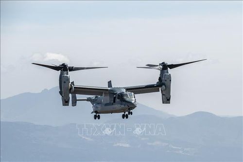 Trực thăng Osprey của Nhật Bản tham gia cuộc tập trận chung Mỹ - Nhật tại chân núi Fuji ngày 15/3/2022. Ảnh: AFP/TTXVN