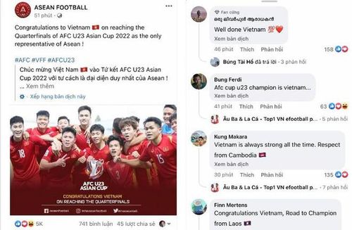 Trang mạng ASEAN Football và đông đảo CĐV Đông Nam Á chúc mừng U23 Việt Nam (Ảnh chụp màn hình)