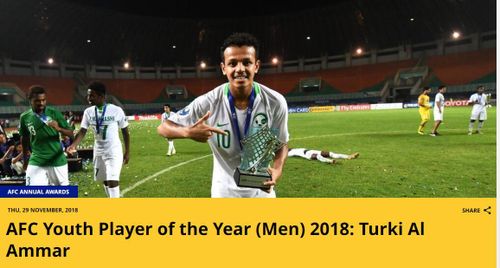 Turki Al-Ammar giành giải Cầu thủ trẻ xuất sắc nhất châu Á 2018 của AFC