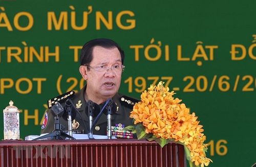  Thủ tướng Campuchia Samdech Techo Hun Sen phát biểu tại buổi lễ. (Ảnh: Dương Giang/TTXVN) 