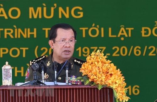 Thủ tướng Campuchia Samdech Techo Hun Sen phát biểu tại buổi lễ. (Ảnh: Dương Giang/TTXVN)