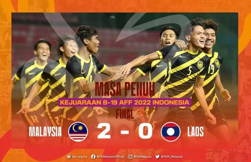 U19 Malaysia giành thắng lợi thuyết phục trước Lào, lên ngôi vô địch Giải U19 Đông Nam Á 2022. Ảnh: FAM