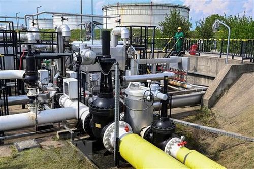 Công nhân làm việc tại nhà máy lọc dầu ở Szazhalombatta, cách thủ đô Budapest, Hungary, khoảng 30km về phía Nam, ngày 5/5/2022. (Ảnh: AFP/TTXVN)