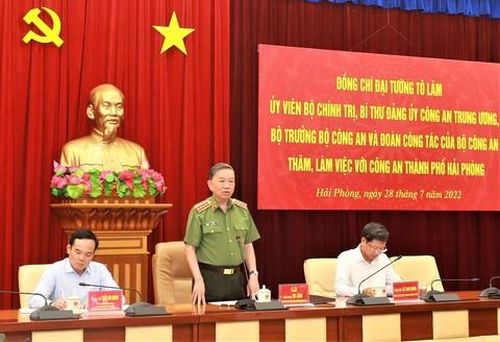 Bộ trưởng Tô Lâm phát biểu tại buổi làm việc với Công an thành phố Hải Phòng