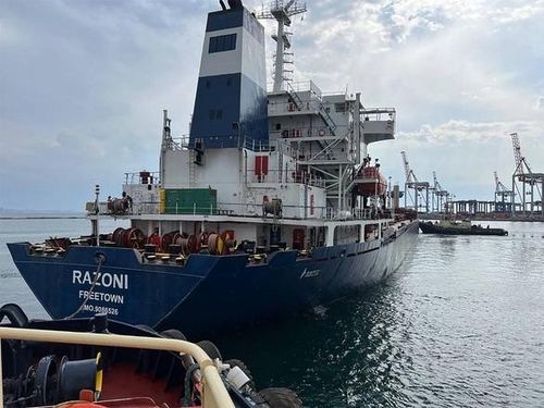Tàu Razoni chở 26.000 tấn bắp rời cảng của Ukraine ngày 1/8. Ảnh: Reuters.