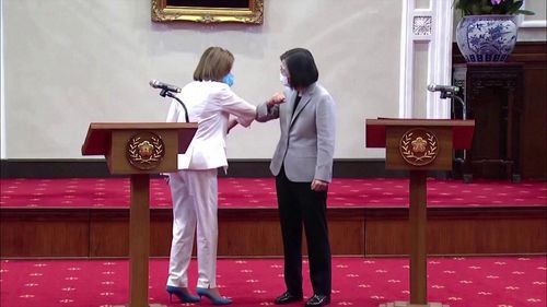 Chủ tịch Hạ viện Mỹ Nancy Pelosi và nhà lãnh đạo Đài Loan Thái Anh Văn trong buổi gặp gỡ sáng 3/8.