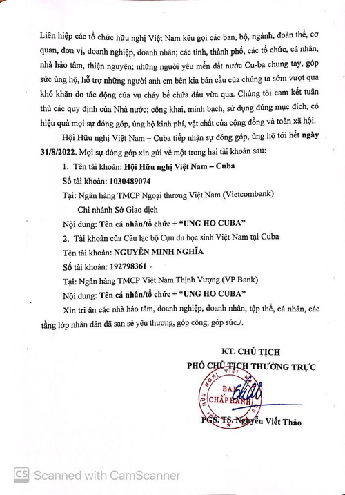  Nội dung bức thư kêu gọi của Hội Hữu nghị Việt Nam-Cuba.
