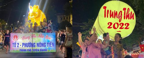 Người lớn và trẻ em ngồi quây kín và cùng nhau reo hò trên các mô hình đèn Trung thu hết sức độc đáo, tạo nên không khí vô cùng náo nhiệt. 