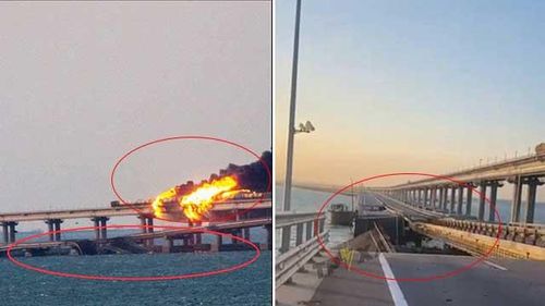 Hình ảnh lan truyền trên mạng cho thấy thiệt hại với cầu Crimea.