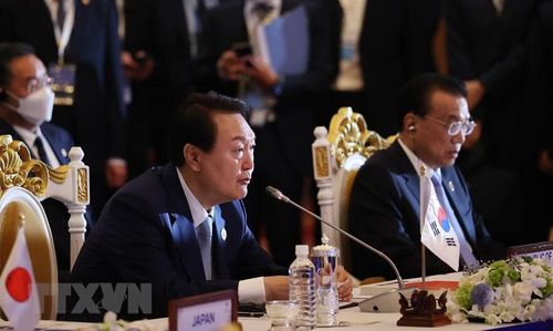  Tổng thống Hàn Quốc Yoon Suk-yeol phát biểu. (Ảnh: Dương Giang/TTXVN) 