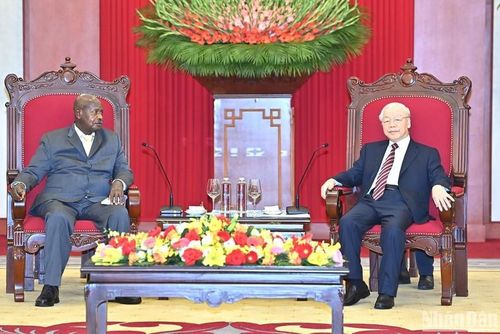 Tổng Bí thư Nguyễn Phú Trọng và Tổng thống Uganda Yoweri Kaguta Museveni tại buổi tiếp.