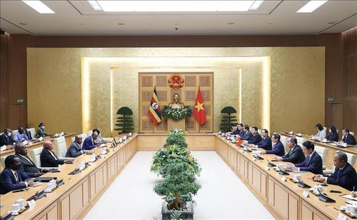 Thủ tướng Phạm Minh Chính hội kiến Tổng thống Uganda Yoweri Kaguta Museveni. Ảnh: Dương Giang/TTXVN
