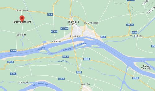  Vụ tai nạn xảy ra trên tỉnh lộ 876, huyện Châu Thành, Tiền Giang. Ảnh: Google Maps. 