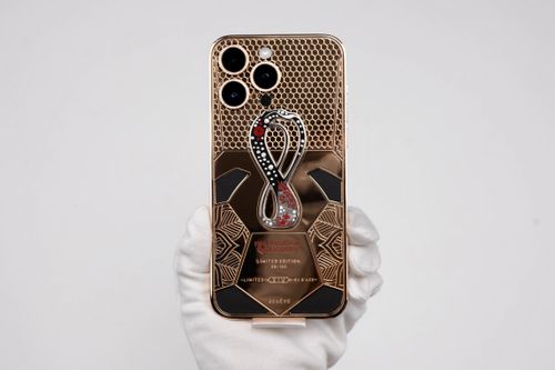  Phiên bản iPhone 14 Pro Max mạ vàng 18K được đính kim cương ở logo World Cup mặt lưng và viền 3 camera. Ngoài ra, ở mặt lưng của thiết bị được đính 4 miếng da đen cho phép tùy biến theo ý của khách ví dụ như tên 4 đội vào bán kết hay chung kết hoặc chữ ký của chủ sở hữu. 