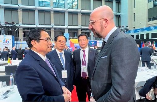 Thủ tướng Phạm Minh Chính gặp Chủ tịch Hội đồng châu Âu Charles Michel. Ảnh: VGP