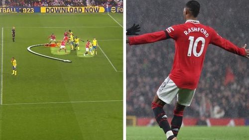  Chỉ có 5 cái bóng áo đỏ trong vùng cấm nhưng đội chủ sân Old Trafford đánh lừa được hàng thủ Nottingham Forest. Rashford, cầu thủ thực hiện pha dứt điểm, đứng nép mình phía sau đồng đội. 