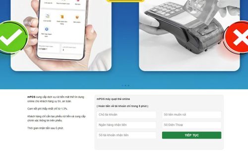 Một trang web lừa đảo mạo danh mPOS, yêu cầu cung cấp tài khoản thẻ tín dụng để rút tiền. Ảnh: Ngô Minh Hiếu.