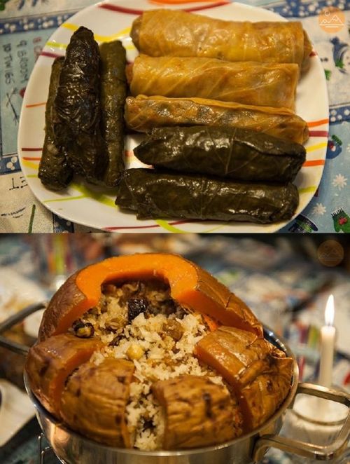 Dolma - thịt nướng cuốn lá nho và Ghapama là món ăn phổ biến vào dịp năm mới ở Armenia.