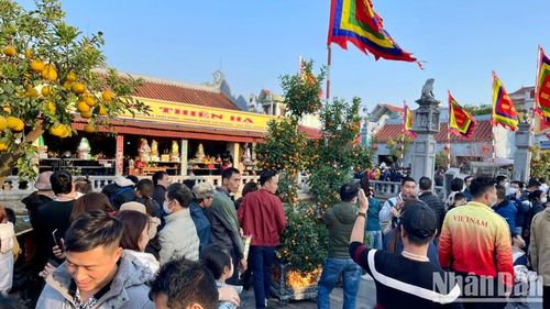 Du khách đứng chật kín sân phủ Tiên Hương, thuộc quần thể di tích Phủ Dầy, nơi thờ Thánh Mẫu Liễu Hạnh.