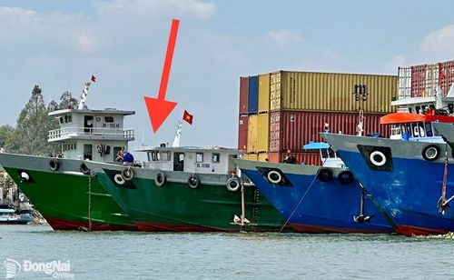 Sà lan số hiệu VL-15108 (mũi tên) neo đậu lại giữa sông sau khi va chạm với đò số hiệu ĐN-1228. Ảnh: Đăng Tùng