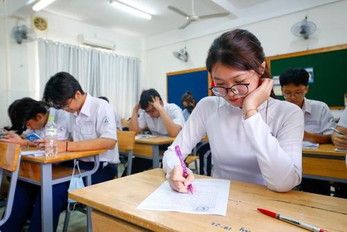 Học sinh lớp 12 tại TPHCM giải đề thi tham khảo môn Toán kỳ thi tốt nghiệp THPT năm 2023. Ảnh: INT