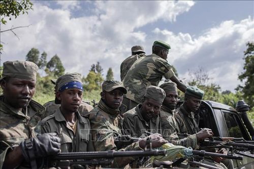 Các tay súng nhóm M23 rời khỏi Rumangabo, CHDC Congo, ngày 6/1/2023. Ảnh: AFP/TTXVN