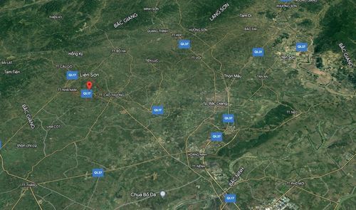  Vụ án xảy ra tại xã Liên Sơn (chấm đỏ) thuộc huyện Tân Yên, cách TP Bắc Giang khoảng 20 km. Ảnh: Google Maps. 