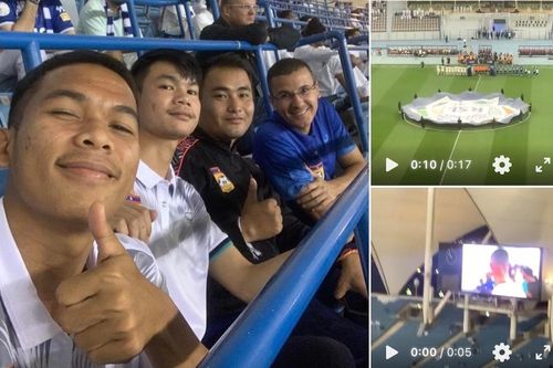 Cựu trợ lý tuyển Việt Nam Willander Fonseca (ngoài cùng bên phải) cùng nhóm cầu thủ U22 Lào đi xem trận đấu của Ronaldo trong chuyến tập huấn Saudi Arabia.