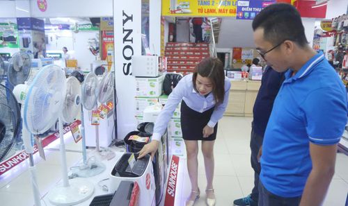 Tư vấn sản phẩm cho khách hàng tại siêu thị Điện máy xanh (quận Đống Đa). Ảnh: Trọng Hiếu