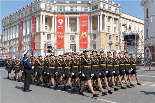 Các binh sĩ tham gia buổi tổng duyệt cho lễ duyệt binh Ngày Chiến thắng tại Moskva, Nga ngày 7/5/2023. Ảnh: THX/TTXVN